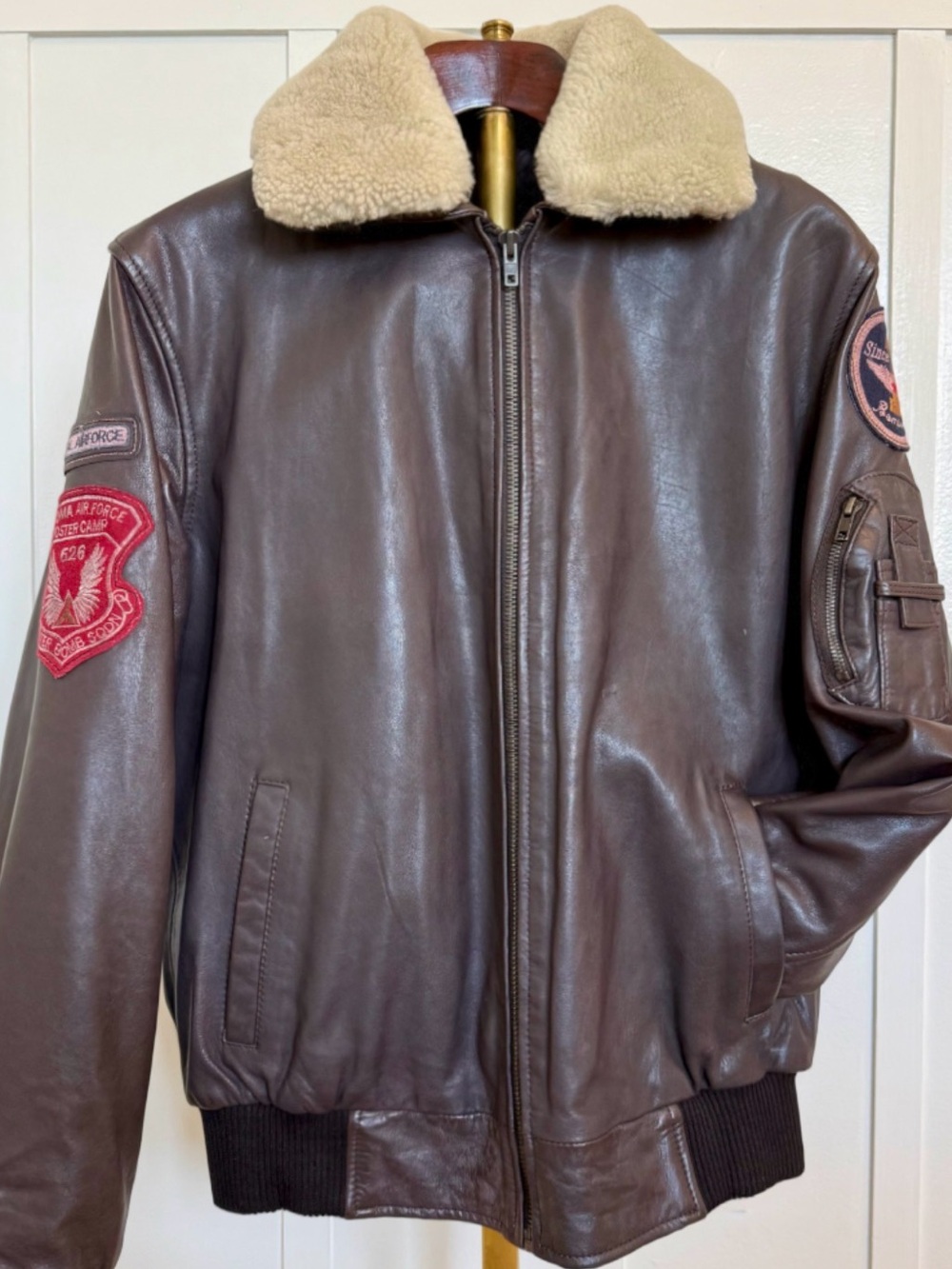 XSOMA AIR FORCE FOSTER CAMP 526 VINTAGE BROWN LEATHER SHERPA BOMBER BIKER COAT